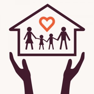 Animation of hands holding up a house with a loving family inside