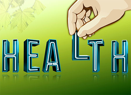 Animation of hand holding the "L" letter in the word "Health" against green background