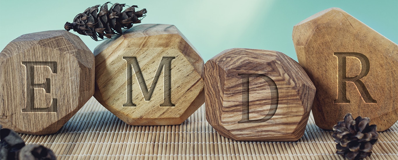 The letters EMDR are written on irregular wooden blocks. They sit on a bamboo mat surrounded by small pinecones.