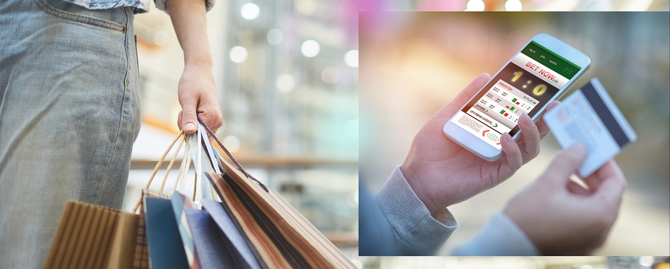 Close-up of a male carrying shopping bags with an inset image of a person betting on a smartphone with a credit card.