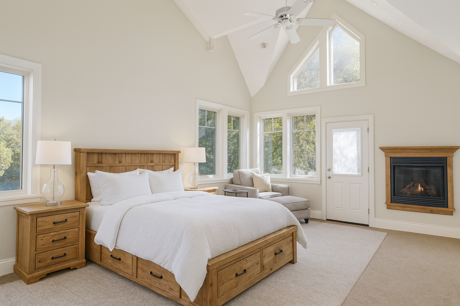 Upscale private bedroom at Alpine Recovery Lodge featuring soft natural light, neutral tones, and a calm, boutique treatment environment in Utah.