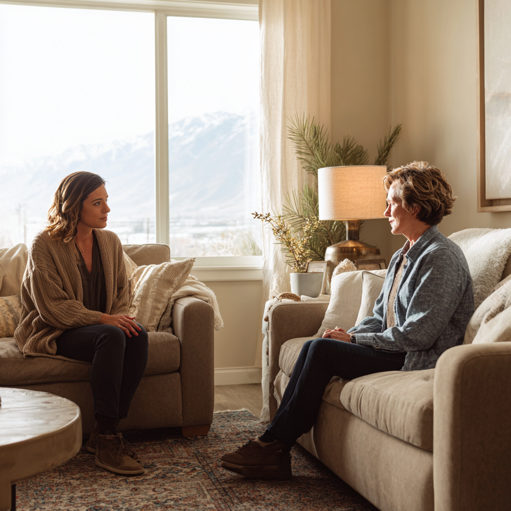 Family member speaking calmly with a therapist during a supportive counseling session focused on understanding and healing.