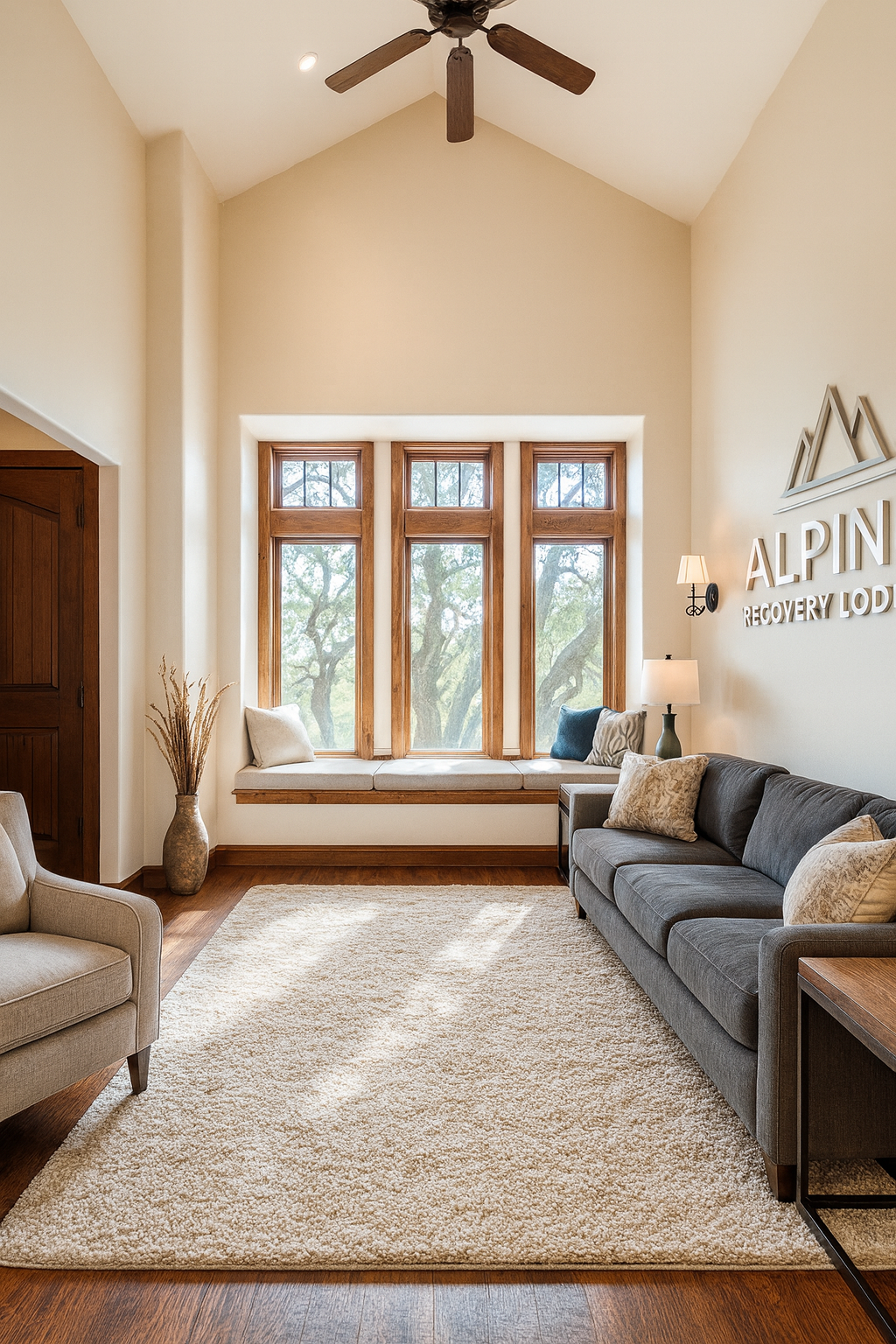 Comfortable front room with soft seating and natural light, creating a calm and welcoming space