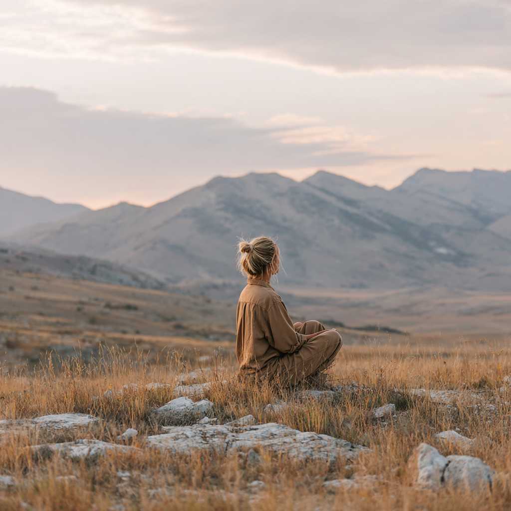Woman standing outdoors enjoying the quiet mountain scenery in Utah, reflecting calm and space to reset during recovery