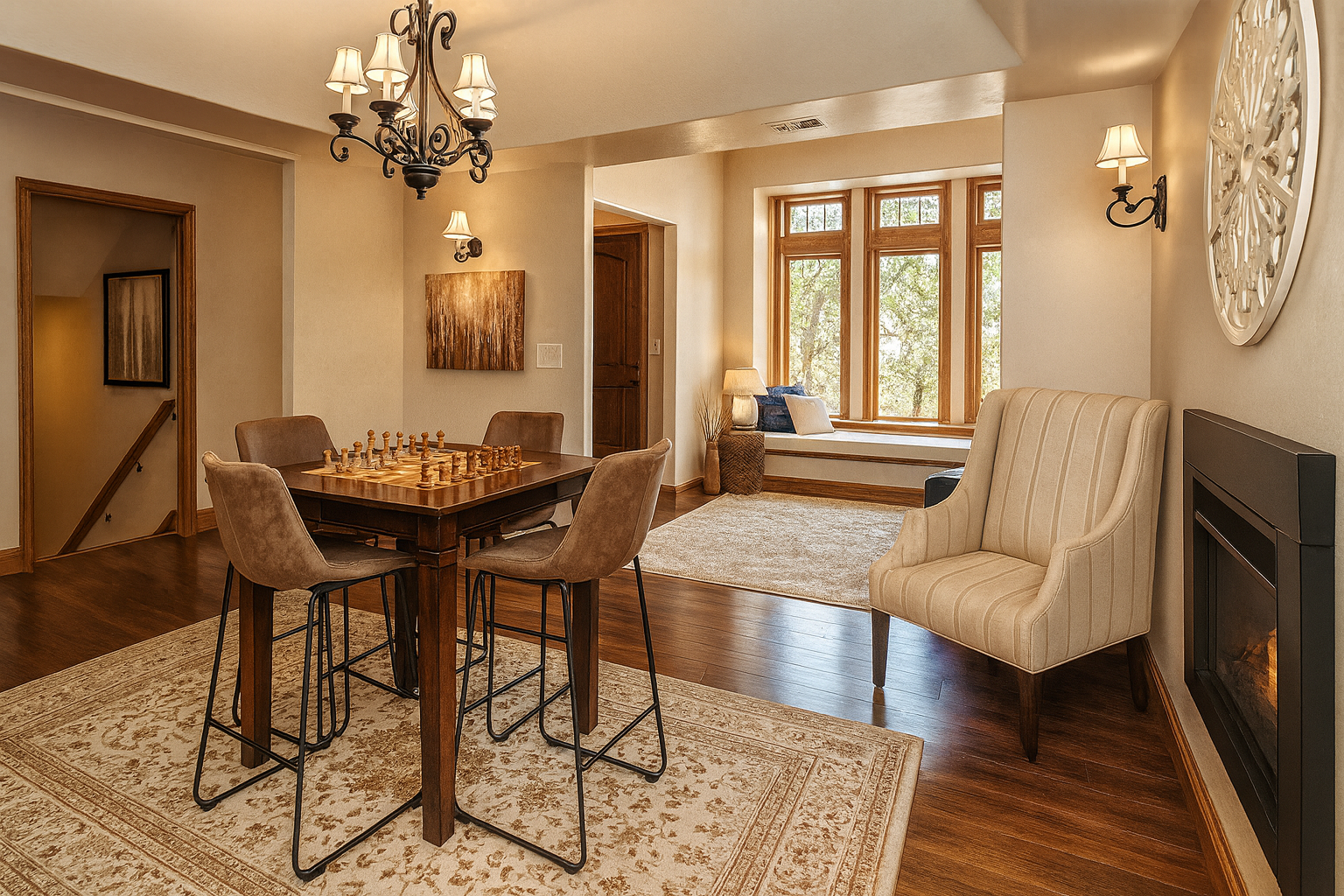 Comfortable front common area at Alpine Recovery Lodge with table seating for connection and relaxation in a residential treatment setting.
