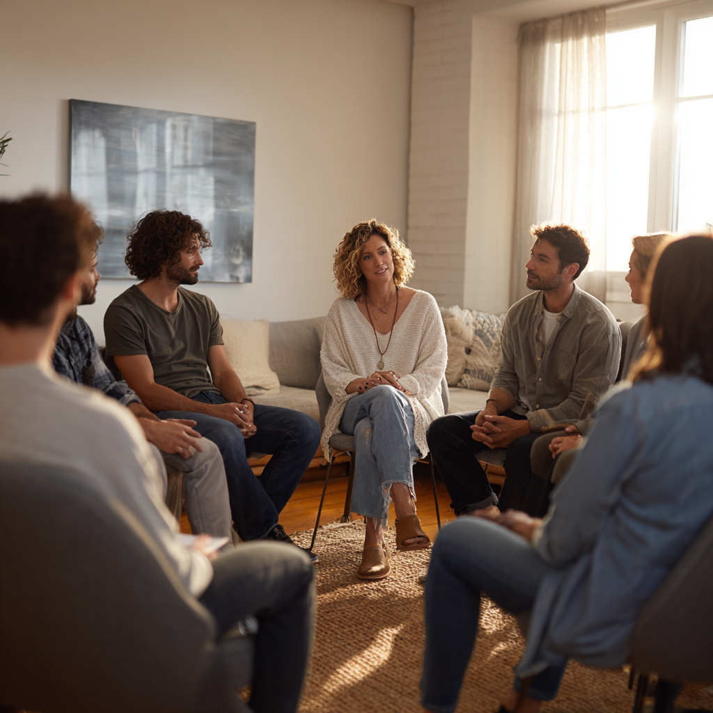 Group therapy session at Alpine Recovery Lodge focused on support and recovery skills