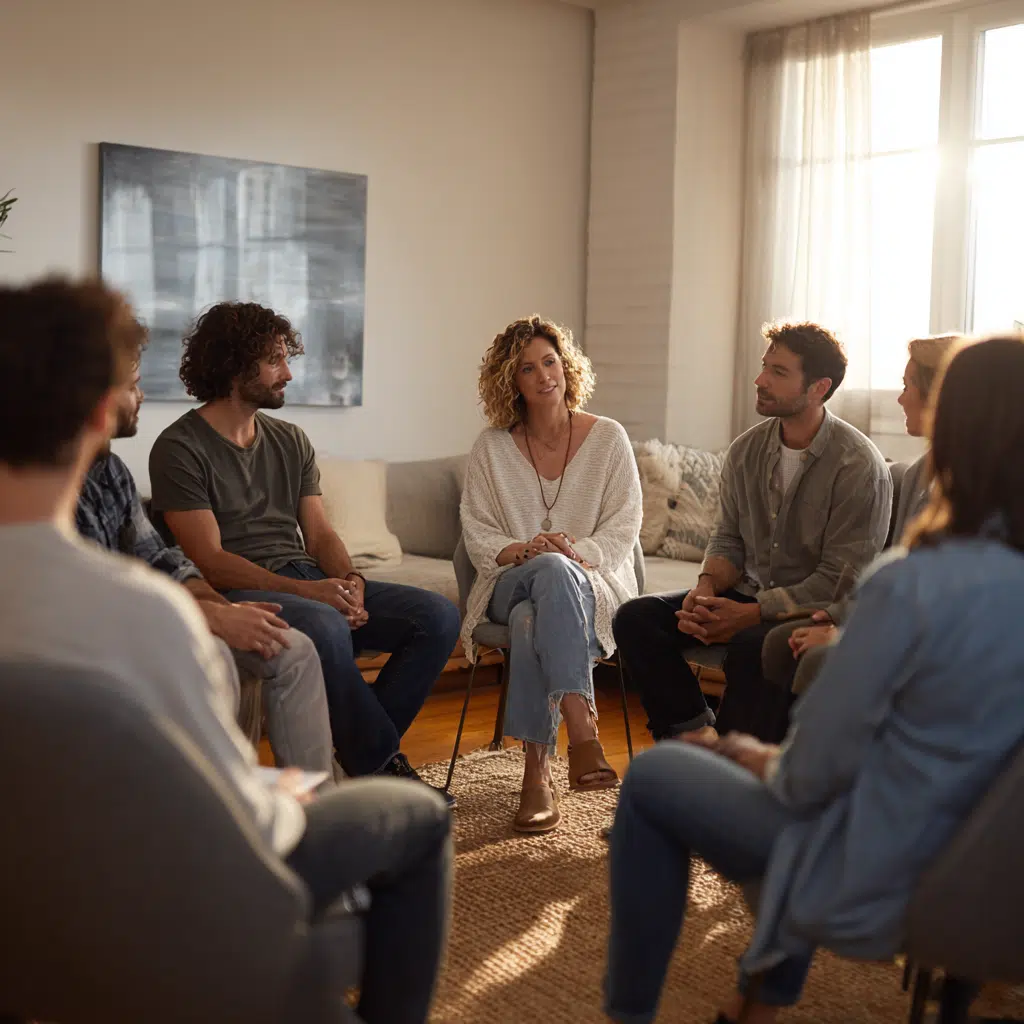 Group therapy session at Alpine Recovery Lodge focused on recovery skills and support