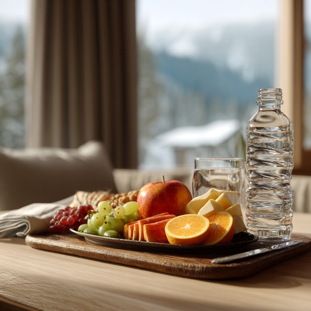 Fresh fruit and water on a tray by a window (calm, healthy start)