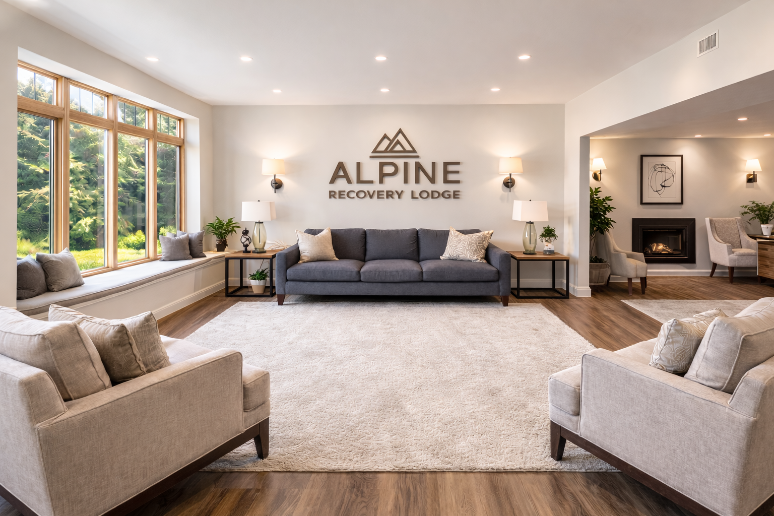 Lobby at Alpine Recovery Lodge showing a calm private treatment environment